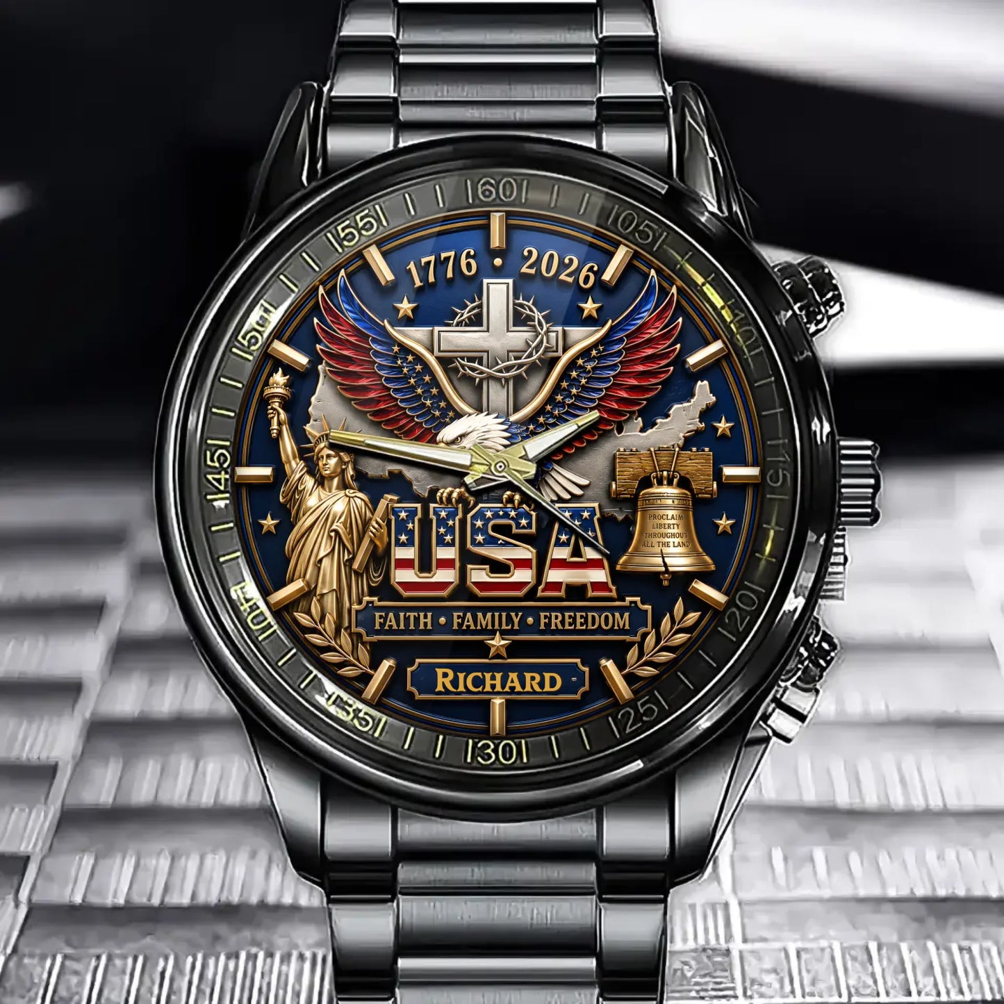 Custom USA 250th Anniversary Watch - Personalized Faith Family Freedom Patriotic Gift For Him