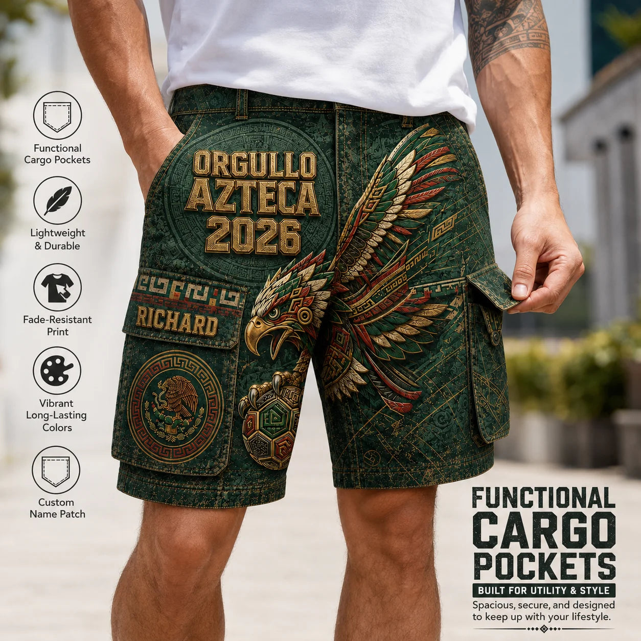 Custom Cargo Shorts No Belt - Personalized Aztec Eagle Mexican Pride Design
