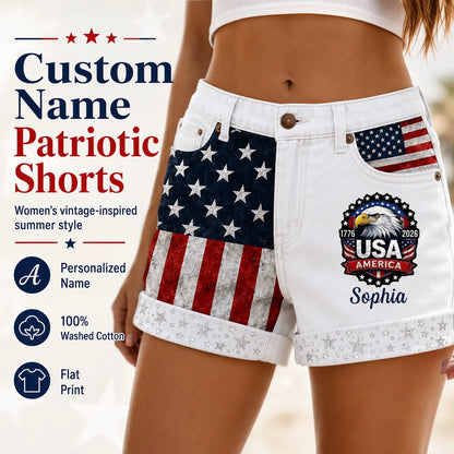 Custom American Flag Cargo Shorts - Personalized Name Patriotic Gift For Her