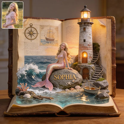 Custom Mermaid In The Book Wooden Plaque - Personalized Photo Mermaid Gift For Her