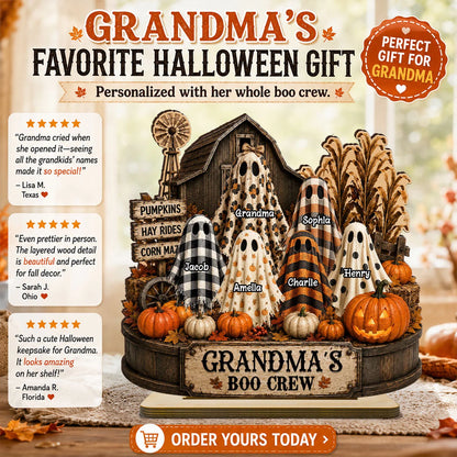 Custom Grandma’s Boo Crew Ghost Family Wooden Plaque - Personalized Grandchildren Names Gift For Grandma