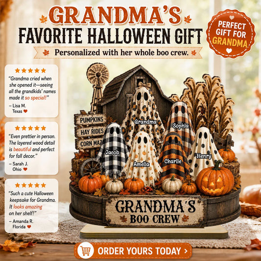 Custom Grandma’s Boo Crew Ghost Family Wooden Plaque - Personalized Grandchildren Names Gift For Grandma