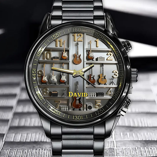 Personalized Musical Gear Watch - Guitar Collection Themed Dial And  Custom Name Option