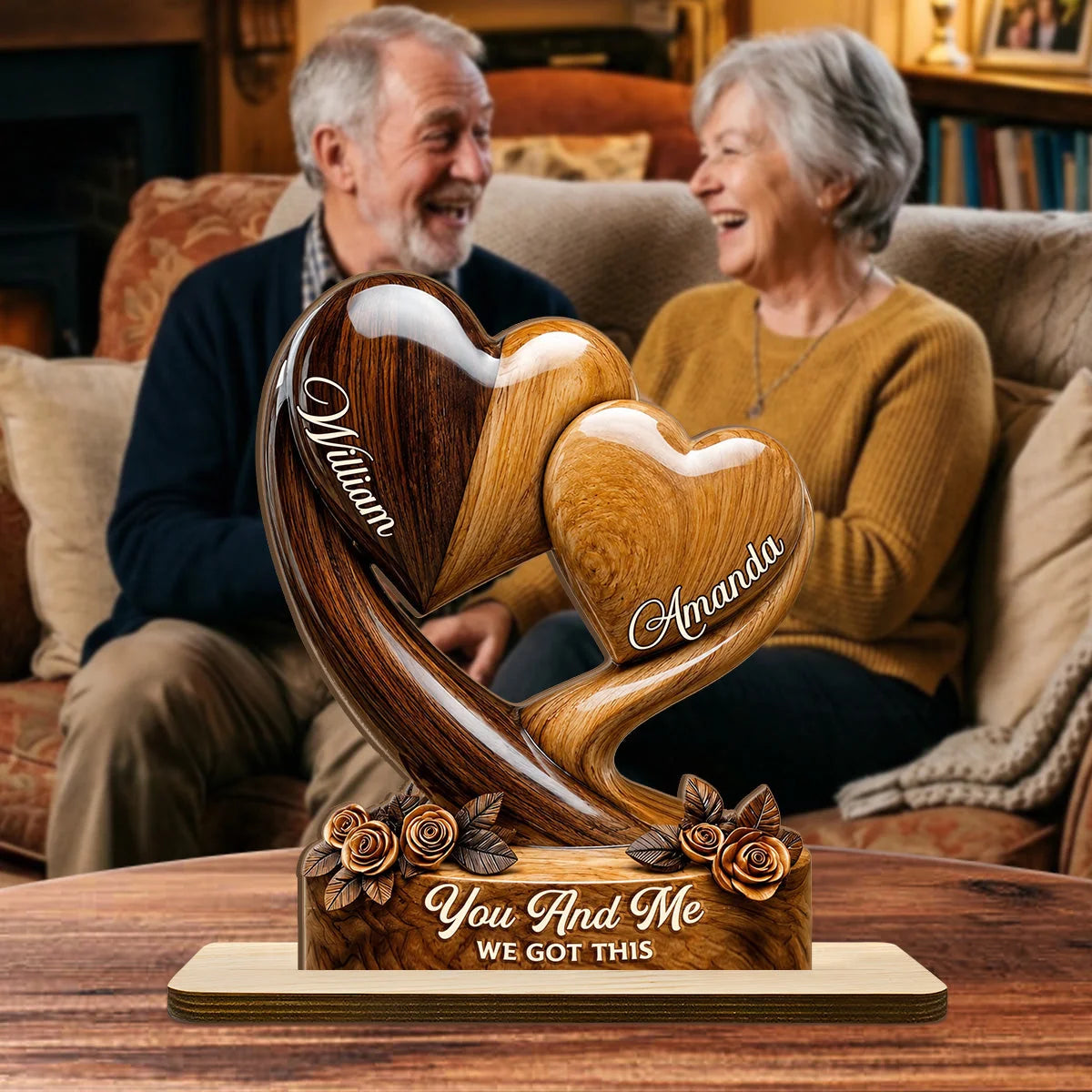 Custom Double Heart Wooden Plaque - Personalized Names Romantic Tabletop Decor