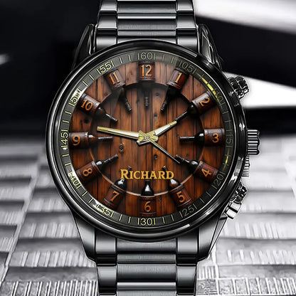 Custom Whiskey Barrel Watch - Personalized Name Gift For Dad, Husband or Grandpa