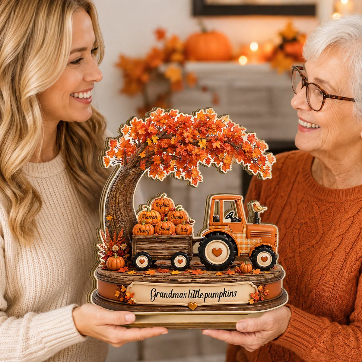 Custom Wooden Pumpkin Tractor Plaque - Personalized Fall Gifts For Grandma - Grandma’s Little Pumpkins