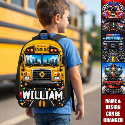 Custom Kids Vehicle Backpack - Personalized Name School Bus Race Car Police Car Train Design School Bag