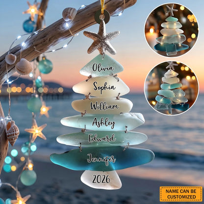 Custom Coastal Christmas Acrylic Ornament - Personalized Family Names Beach Glass Tree Decor