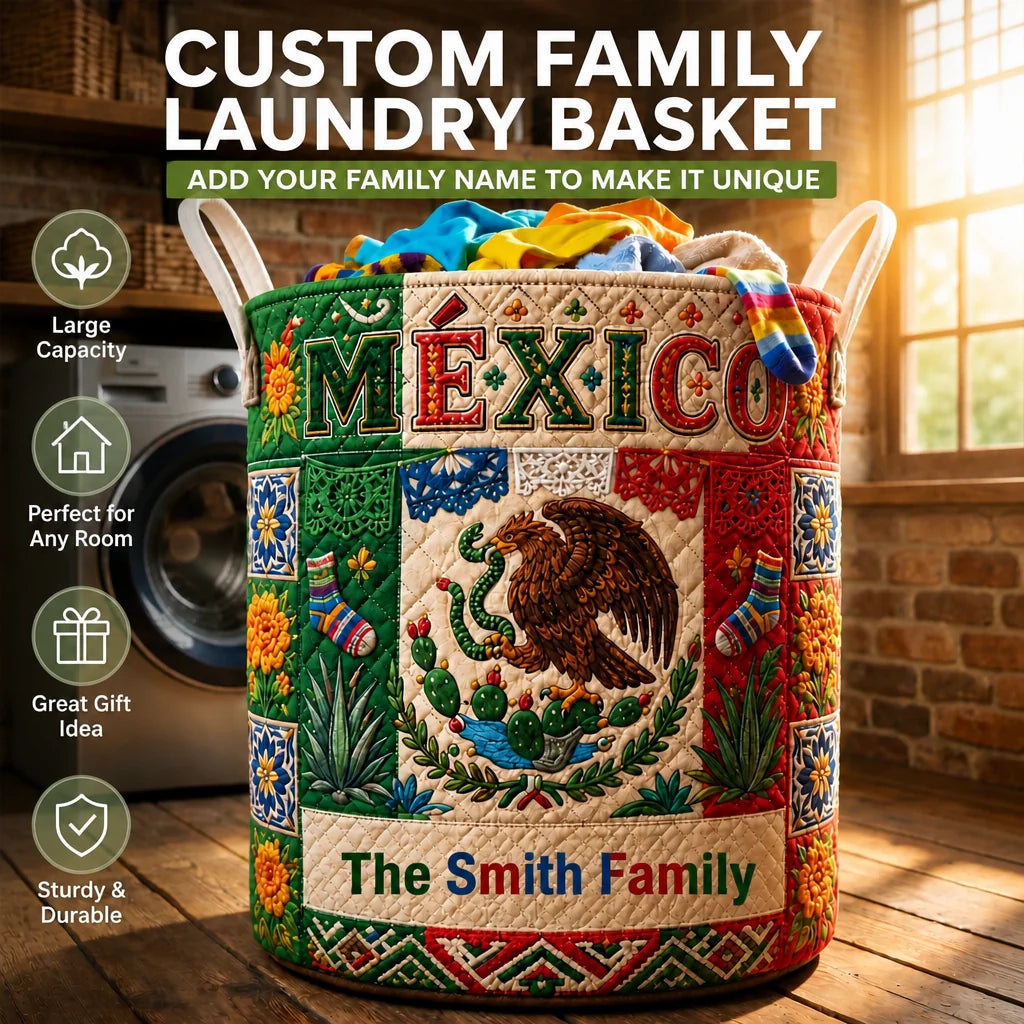 Custom Mexico Laundry Basket - Personalized Family Name Mexican Flag Folk Art Clothes Hamper