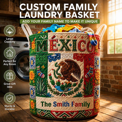 Custom Mexico Laundry Basket - Personalized Family Name Mexican Flag Folk Art Clothes Hamper