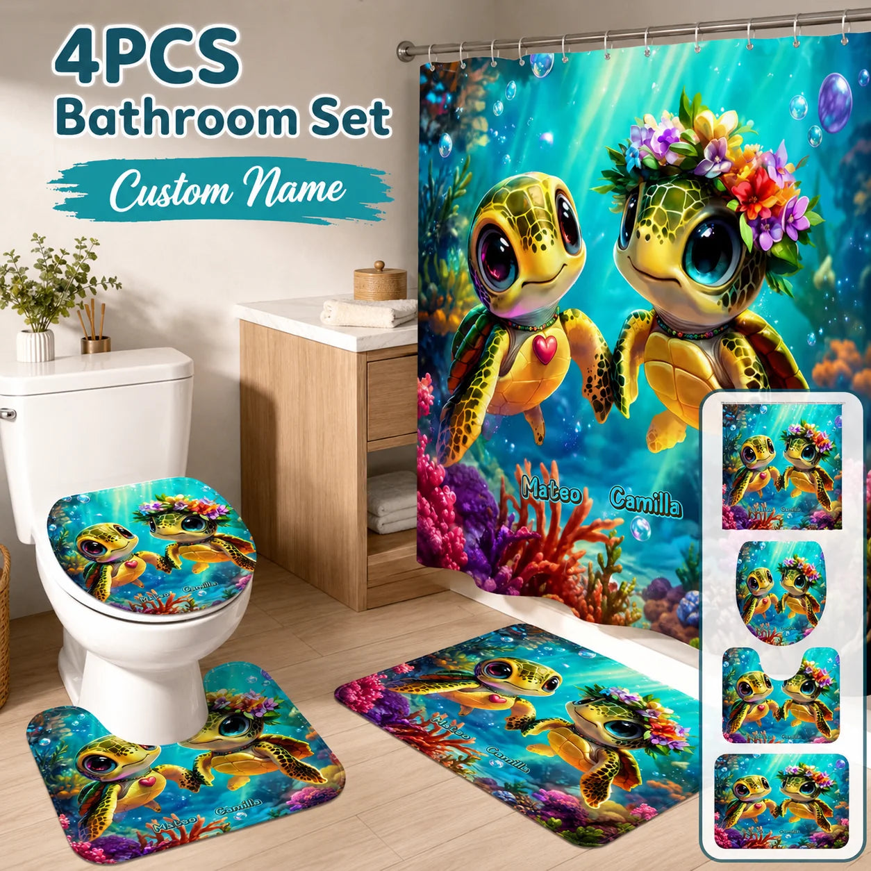 Custom Sea Turtle Bathroom Set - Personalized Name Shower Curtain And Bath Mat Ocean Decor