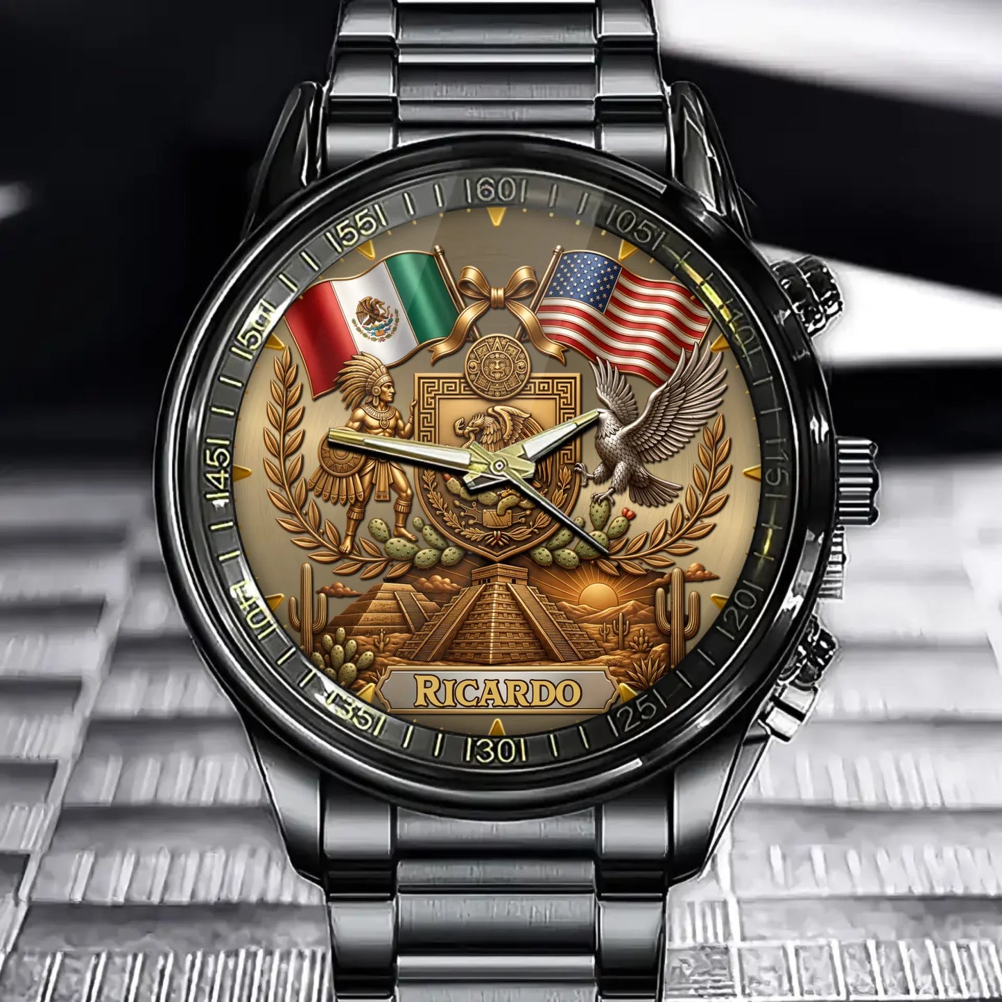 Custom Mexican American Watch - Personalized Name Heritage Gift For Men - Two Nations, One Heart