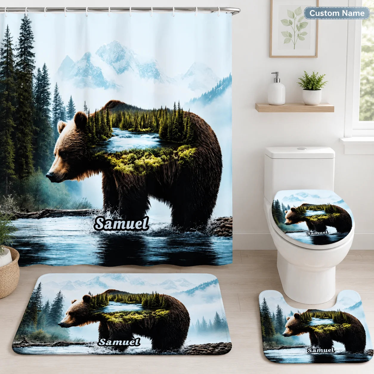 Custom Mountain Bathroom Set - Personalized Bear Forest Lake Bathroom Decor For Nature Theme Room
