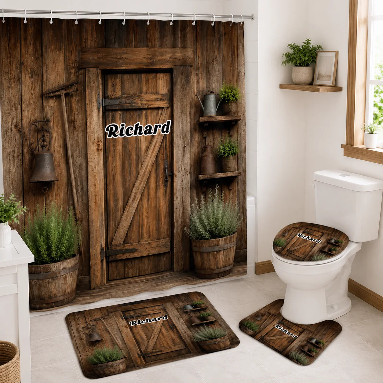 Custom Country Bathroom Set - Personalized Name Rustic Wooden Door Bath Decor For Home