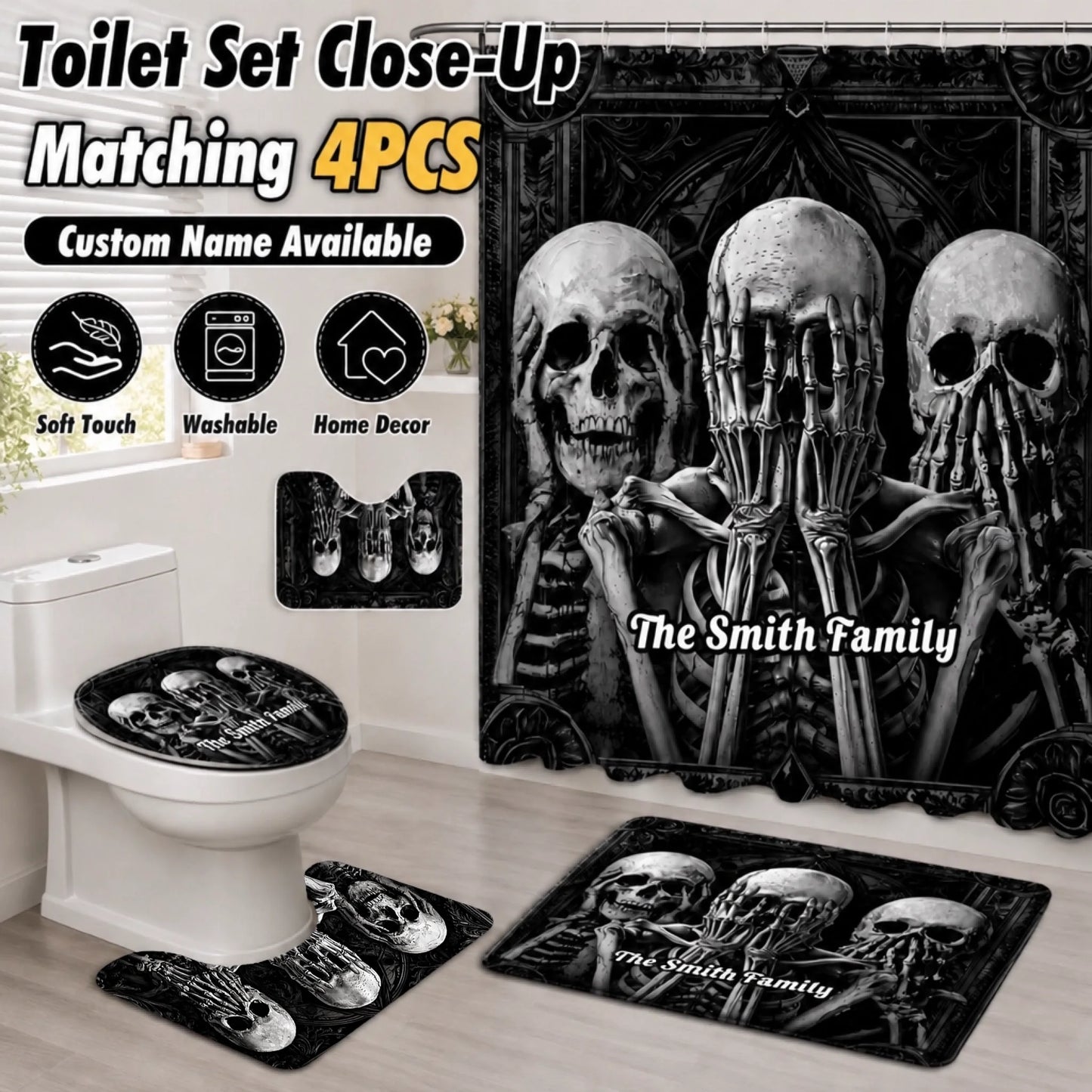 Custom Gothic Skeleton Bathroom Set - Personalized Name Skull Shower Curtain And Bath Mat Decor