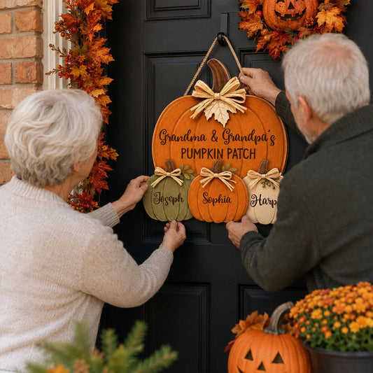 Custom Pumpkin Patch Wooden Door Sign - Personalized Gifts For Grandma & Grandpa - Our Little Pumpkins