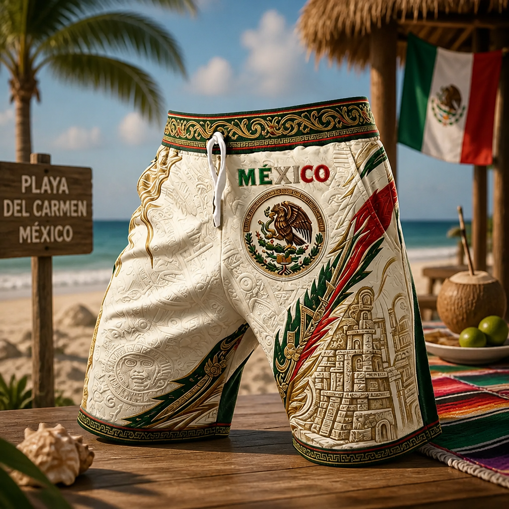 Men’s Mexico Soccer Fan Printed Shorts - Aztec Eagle Pattern Summer Shorts