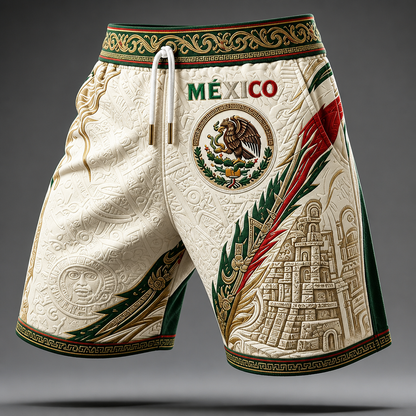 Men’s Mexico Soccer Fan Printed Shorts - Aztec Eagle Pattern Summer Shorts