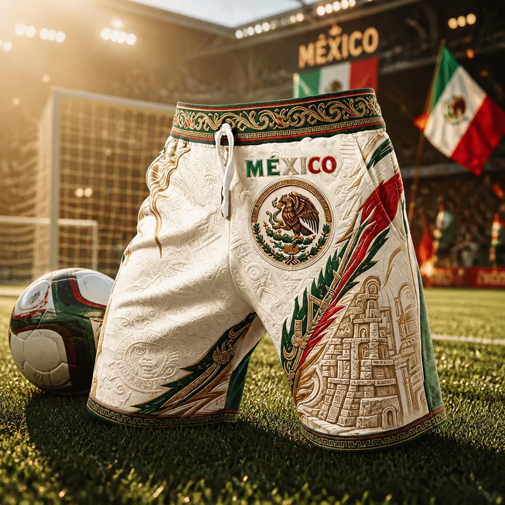 Men’s Mexico Soccer Fan Printed Shorts - Aztec Eagle Pattern Summer Shorts