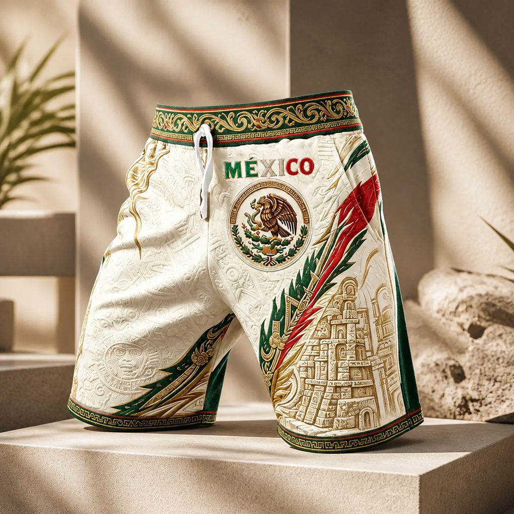 Men’s Mexico Soccer Fan Printed Shorts - Aztec Eagle Pattern Summer Shorts